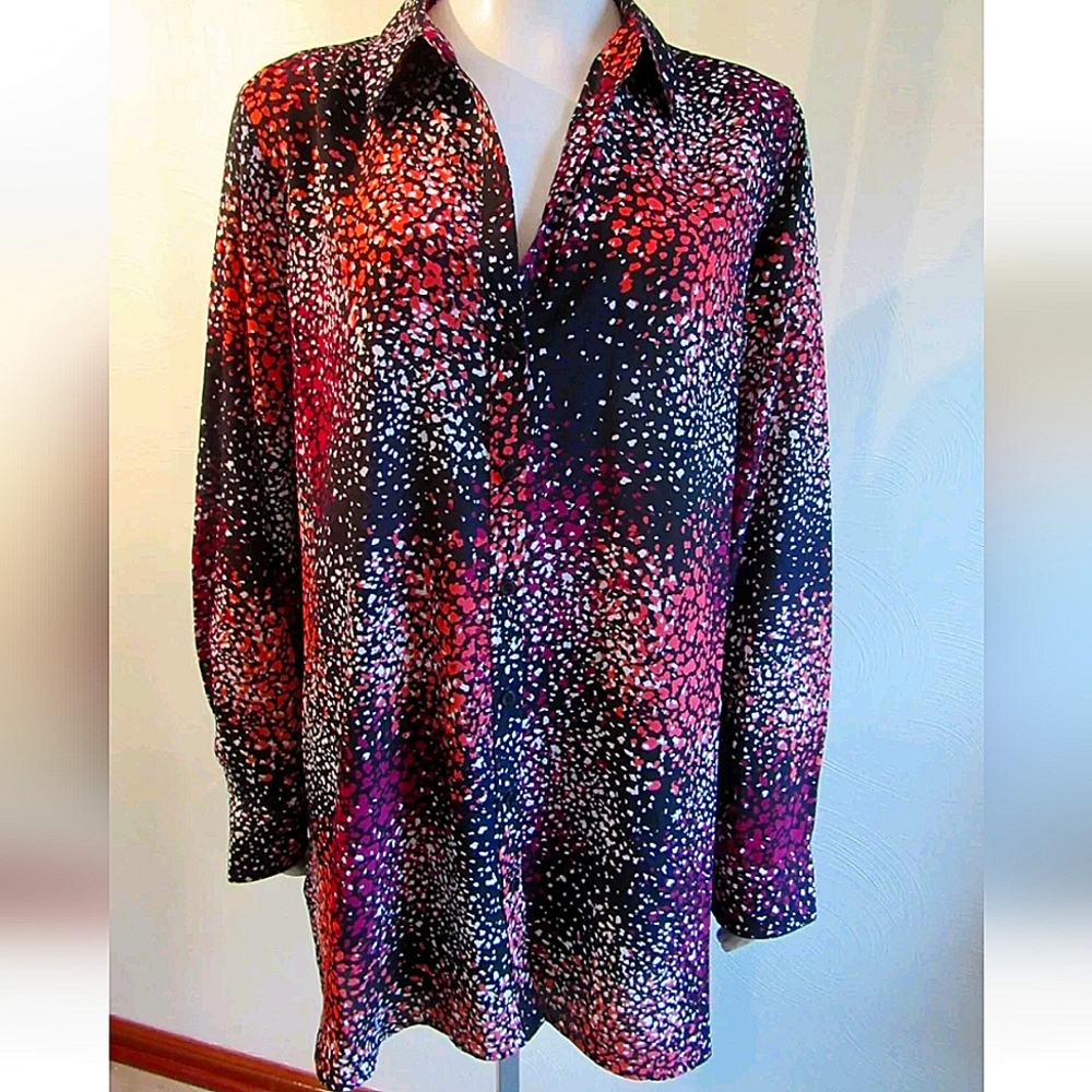 NWOT Foxcroft Jade Perfect Fit No Iron Confetti Tunic Maroon & Blue sz 6